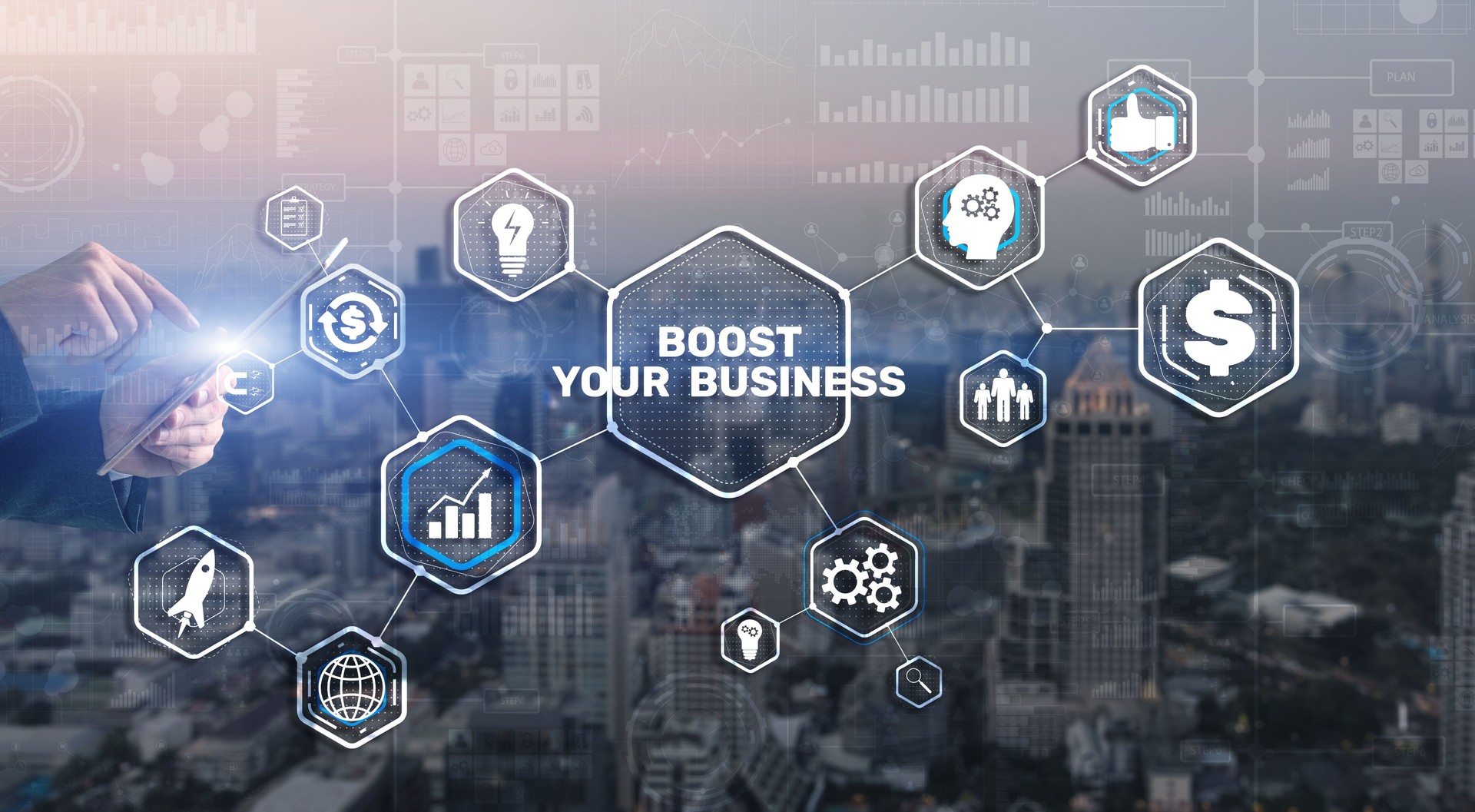 Boost your business on Virtual screen. Business Technology Internet and network concept Boost your business on Virtual screen. Business Technology Internet and network concept